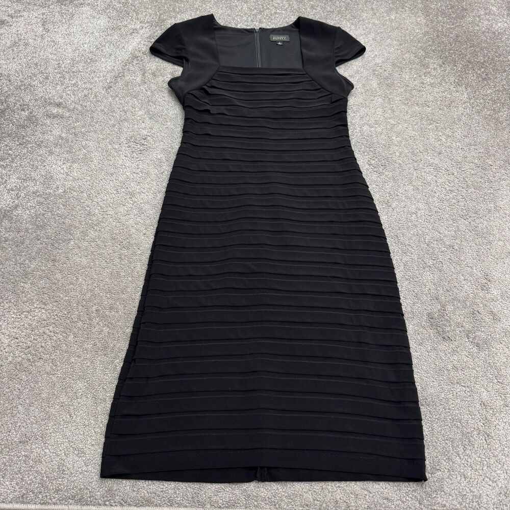 Adrianna Papell Shutter Pleat Tiered Midi Sheath Dress Womens 8 Black Cap Sleeve
